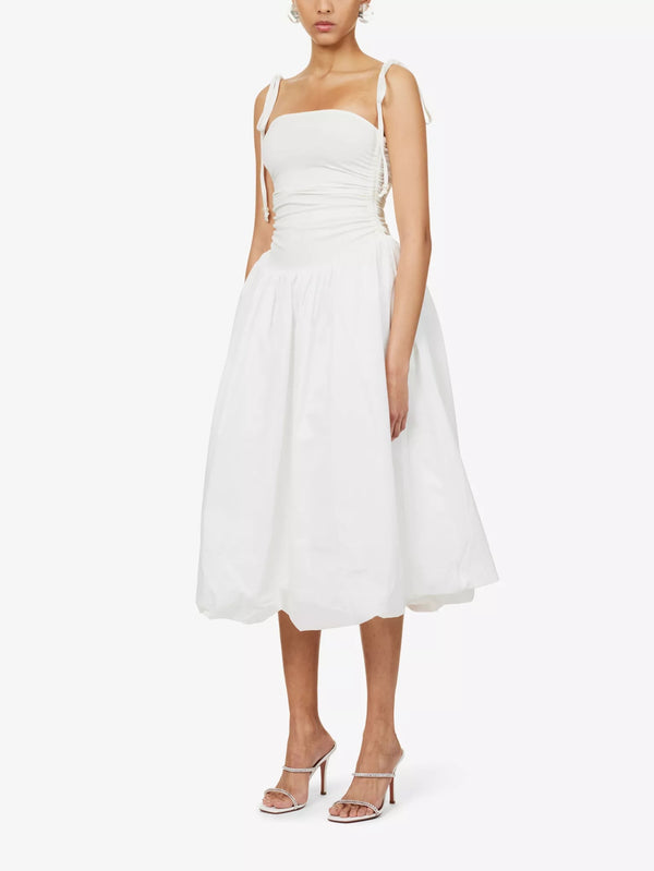 Puffball Ruched Stretch-Cotton Midi Dress - White
